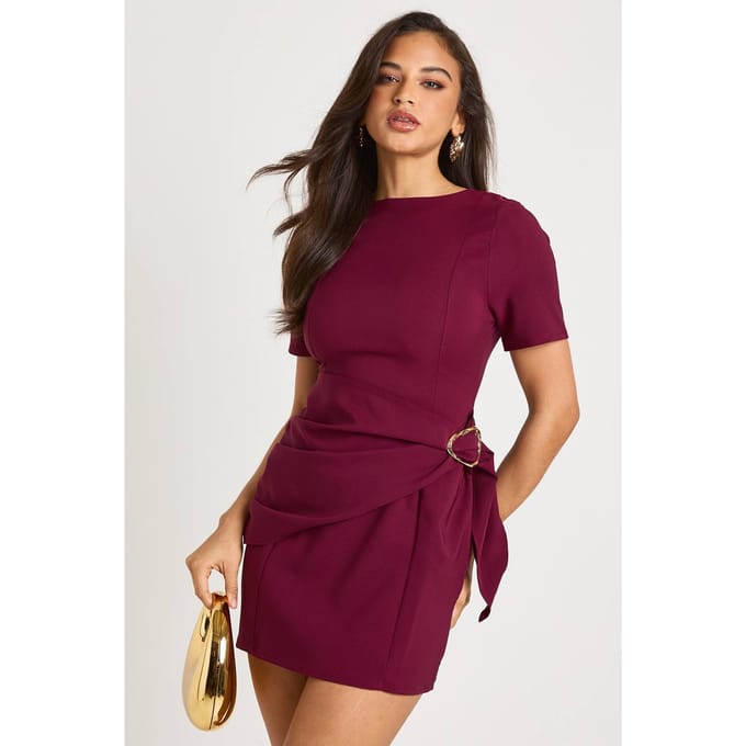 boohoo Dames Shiftjurk met ceintuur en wrap-trimdetail | Wijn | Maat: 38