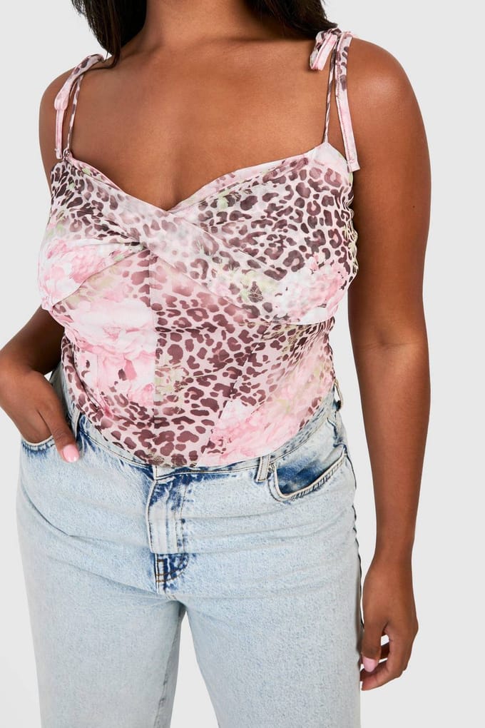 boohoo Dames Plus Faded Luipaardprint Mesh Tie Shoulder Korsett Top | Bruin | Maat: 54