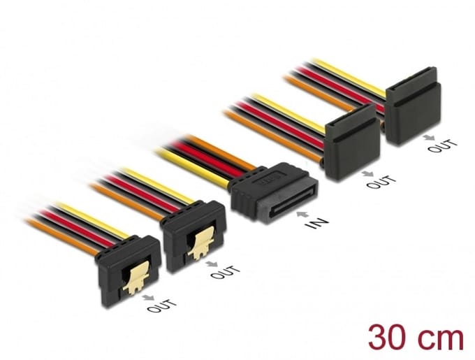 Delock Cable SATA 15 pin power plug with latching function > SATA 15 pin power receptacle 2 x down / 2 x up 30 cm