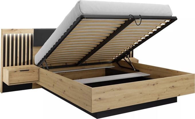 Vente-unique Bed met opbergruimte hout zwart, natuurlijk licht 160 x 200 cm