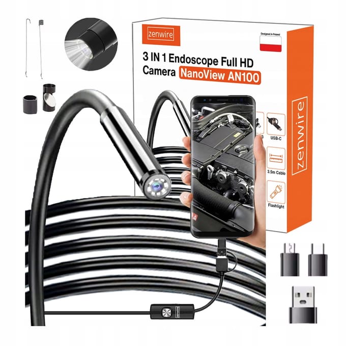Zenwire AN100 - Endoscoop - Kabel met een lengte van 3,5 m - 3 praktische tips - Inspectiecamera HD - Waterproof - Inspectiecamera 3 in 1 - USB C - Compatibel met Windows, Android, Linux