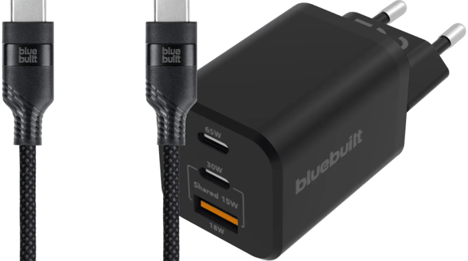 BlueBuilt Power Delivery Oplader 2 Usb C Poorten 65W + Usb C Kabel 3m Nylon Zwart