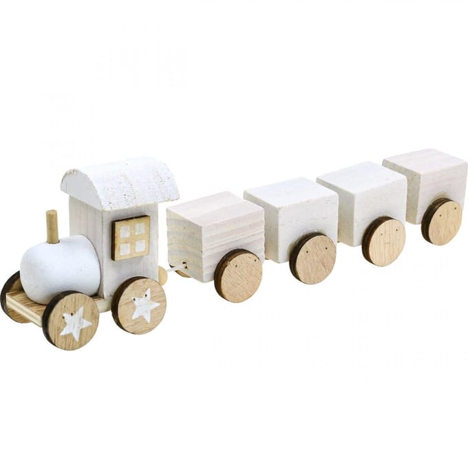 Houten treindeco kersttrein wit L20cm H6cm 2st, 2 Stück