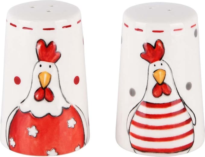 Dekoratief | Duo peper/zout kippen, dolomiet, rood/wit, 5x5x8cm | A210374