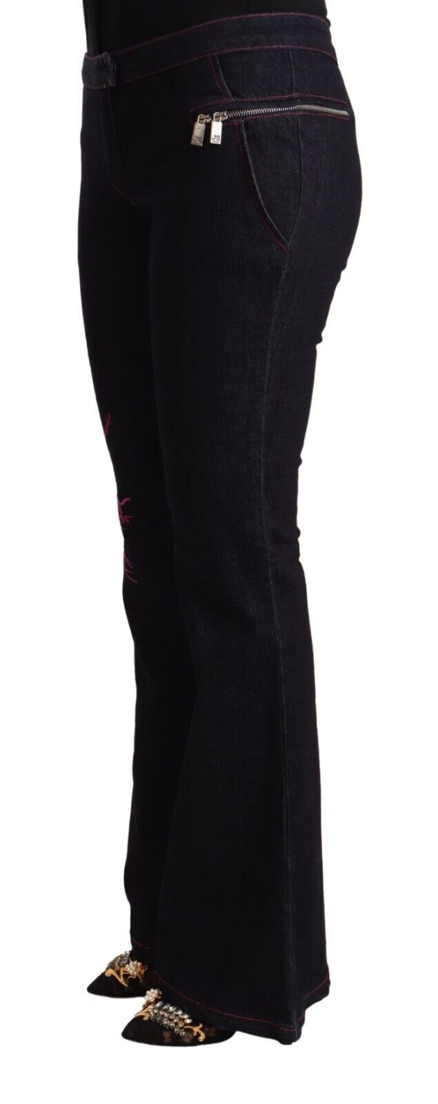 Exte Dames Zwarte Katoenen Midden Taille Uitlopende Jeans