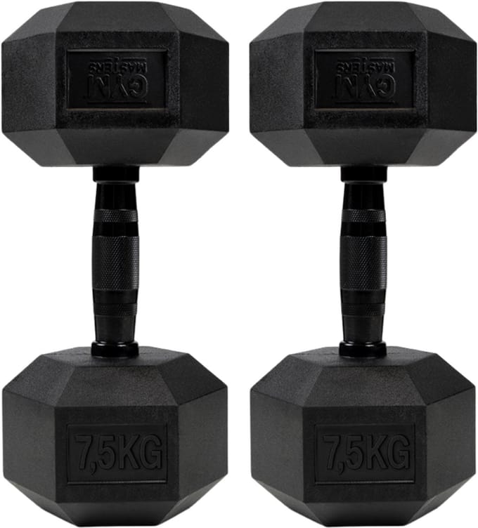 Gym Masters Dumbbells 7,5 kg Set (2 stuks) – Hexagon Rubber Dumbbells – Zwart