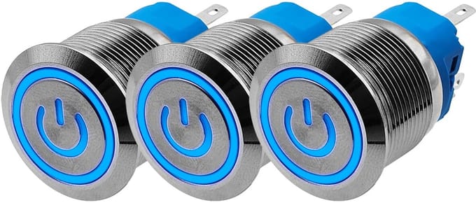 ProRide Drukschakelaar ON-OFF 220V - 22mm Metaal - Waterdicht - LED Ring Blauw - 3 stuks