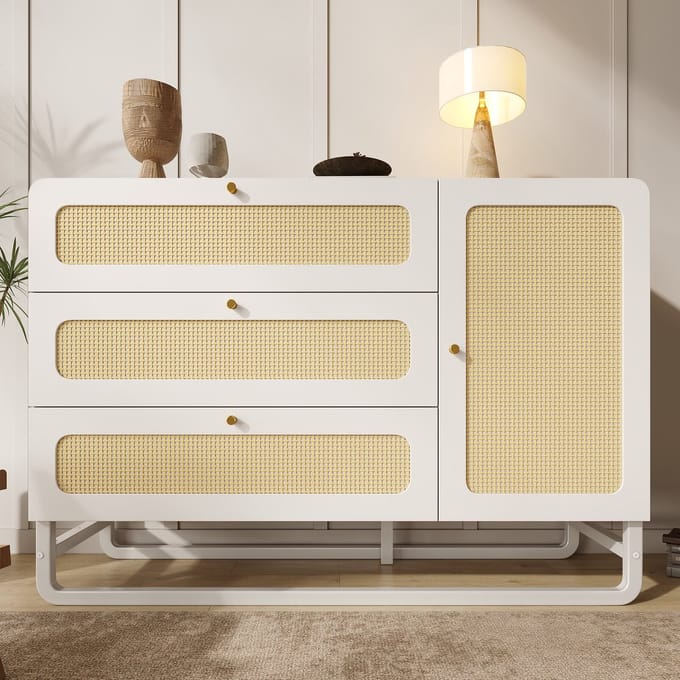 Sweiko Ladekast - Rieten deuren - 3 lades - Verstelbare planken - Dressoir - Wit