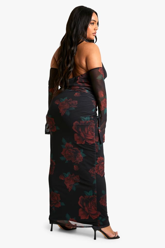 boohoo Dames Plus Mesh Bedrukte Cowl Neck Ruched Maxi Jurk | Zwart | Maat: 56