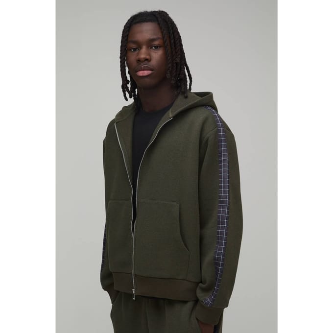 Oversized Boxy Geruite Paneel Ritssluiting Capuchon Trainingspak | Green | Size Medium