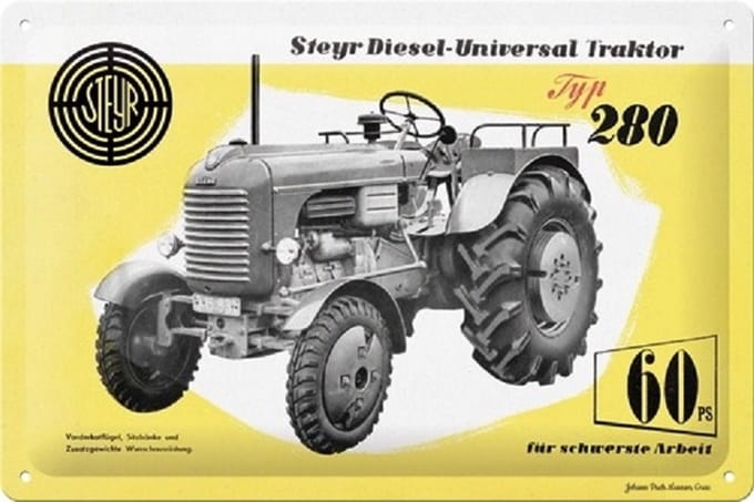Steyr Diesel Tractor Type 280. Metalen wandbord 20 x 30 cm.