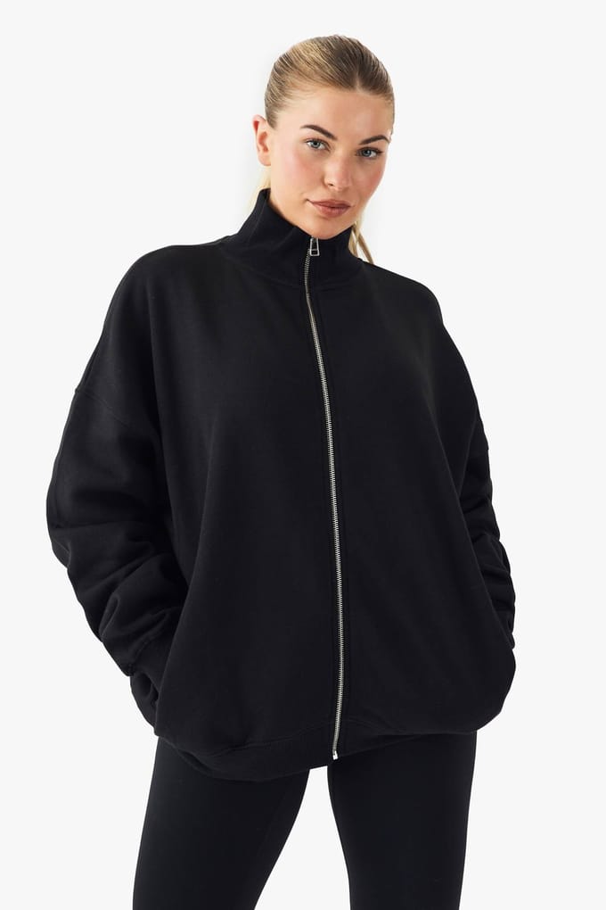 boohoo Dames Funnel Neck Zip Through Oversized Bomber Sweatshirt | Zwart | Maat: Medium
