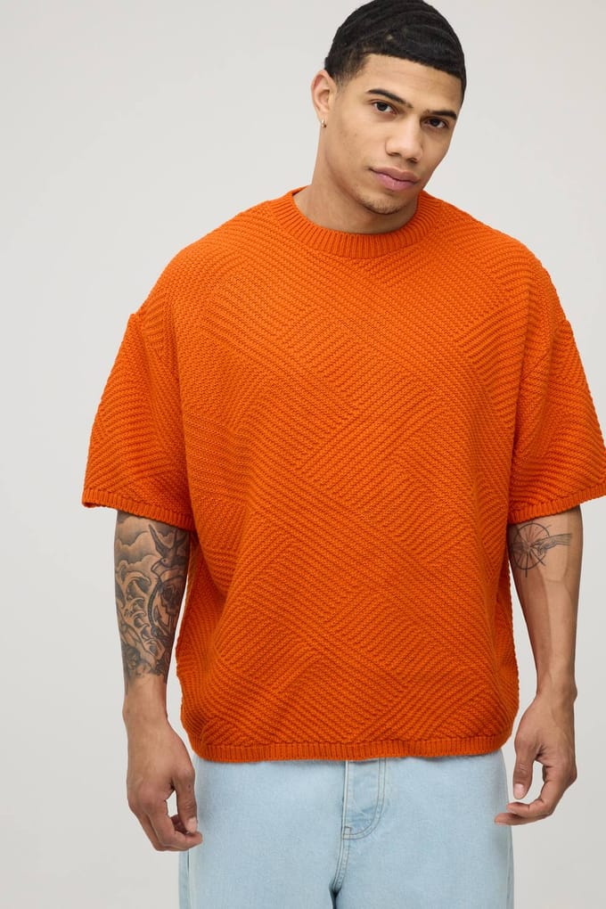 Oversized Geometric Textured Stitch Knitted T-Shirt | Orange | Size Small