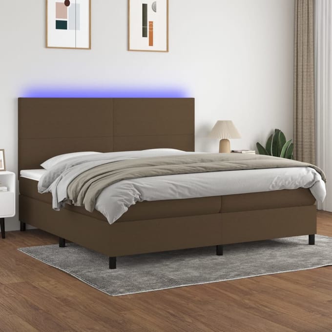 vidaXL - Boxspring - met - matras - en - LED - stof - donkerbruin - 200x200 - cm