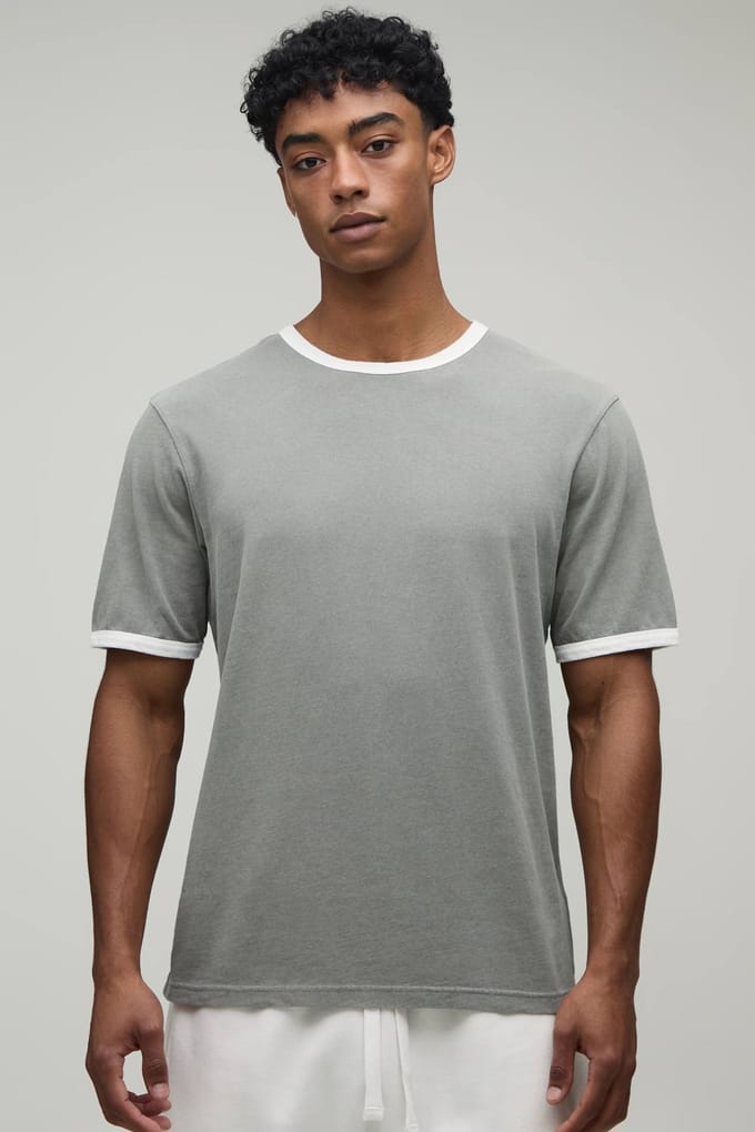 Regular Fit Vintage Wash Ringer T-shirt | Charcoal | Size Small