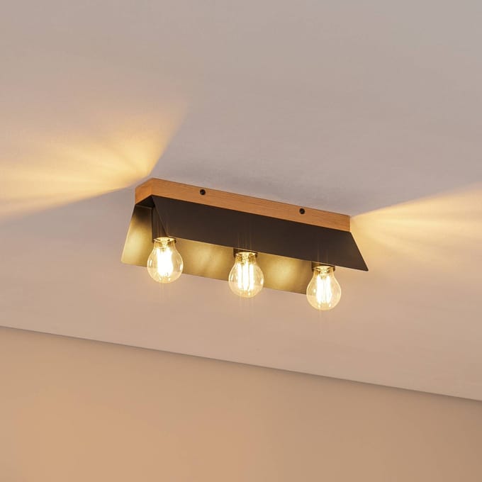 Lamkur Esme plafondlamp, zwart, lengte 40 cm, metaal/hout, 3-lamps.