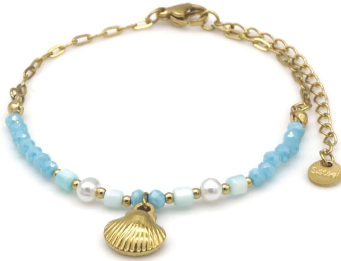 Dames Armband – RVS – Glaskralen & Schelp – Boho Stijl – Verstelbaar 16-21cm