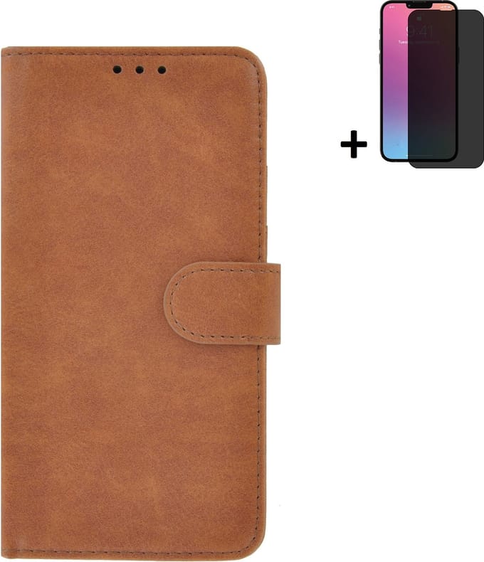 Hoesje Geschikt voor iPhone 13 + Screenprotector iPhone 13 - iPhone 13 Hoes Wallet Bookcase Bruin + Privacy Tempered Glass