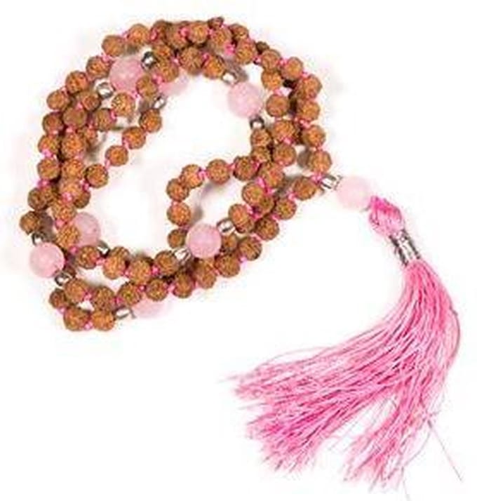 Mala Rudraksha en rozenkwarts met roze kwast - 0.5 - Zaad - Edelsteen - M