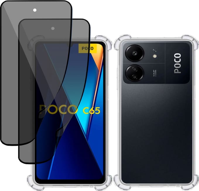 Hoesje + 2x Privé Screenprotector geschikt voor Poco C65 – Privacy Tempered Glass - Case Transparant