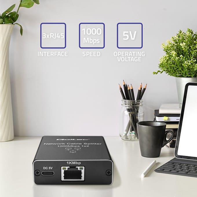 Qoltec Splitter Mini SWITCH 1X2 poort RJ45 splitter |   1000 Mbps |   USB-C |   Aluminium