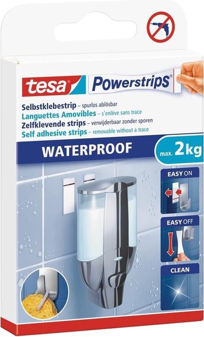 Tesa powerstrips - 12x - wit - kunststof - waterproof - dubbelzijdig - zelfklevend