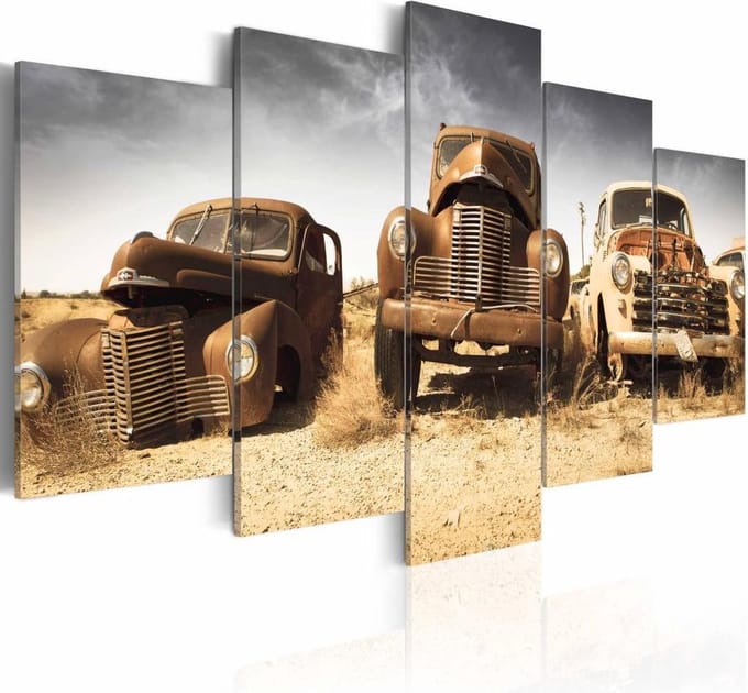 Schilderij - Oldtimers, 5 luik, Bruin/Grijs, 2 maten, Premium print