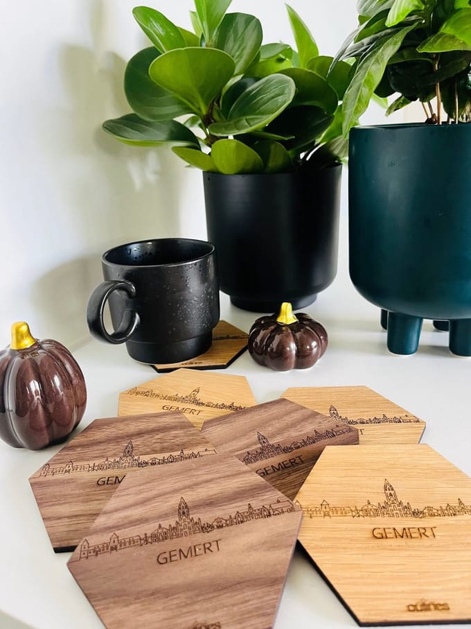 5x Onderzetters Skyline van Gemert - 10x9cm - Notenhout