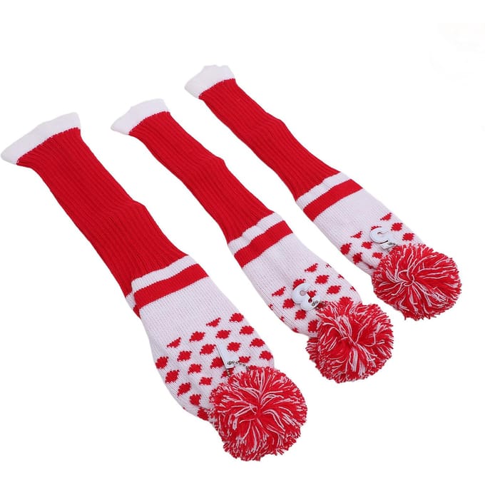 Ensemble de 3 Housses de Tête Tricotées Rayées pour Club de Golf 1 3 5 avec Pompon Rouge Ajustement Serré white