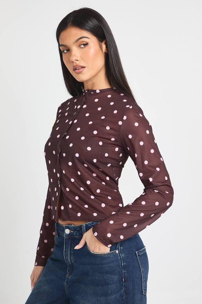 boohoo Dames Polkadotprint gaas top met knoopsluiting | Chocolate | Maat: 8