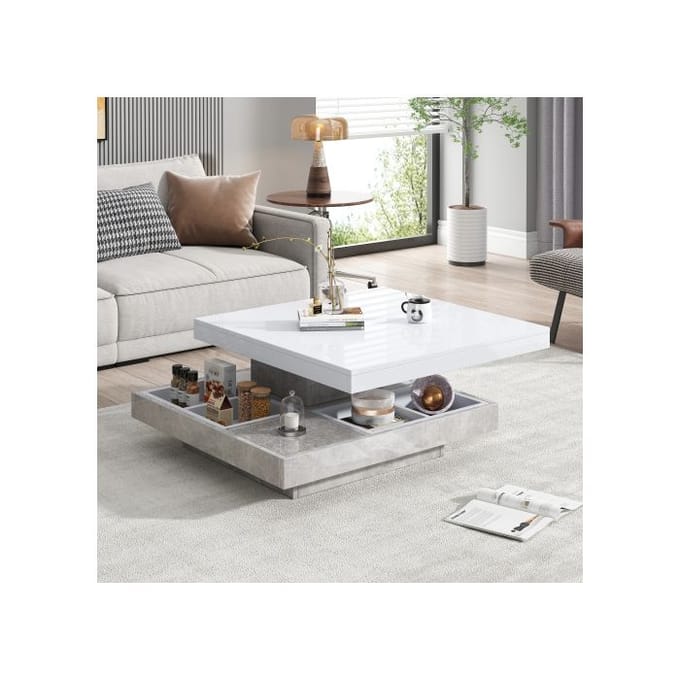Salontafel - MUVOE - Dubbel draaiplateau - Wit - Gemarmerd - 70x70cm wit