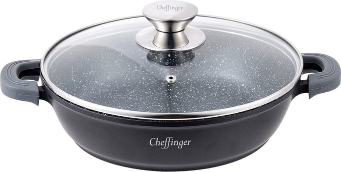 Cheffinger Braadpan/ Lage Kookpot / Serveerpan - Marmer Coating - 24cm