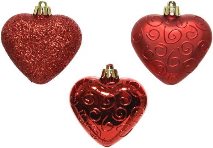 KAEMING B.V. - 6 rode hart ornamenten voor kerstboom 7,5 cm mat, glanzend en glitter