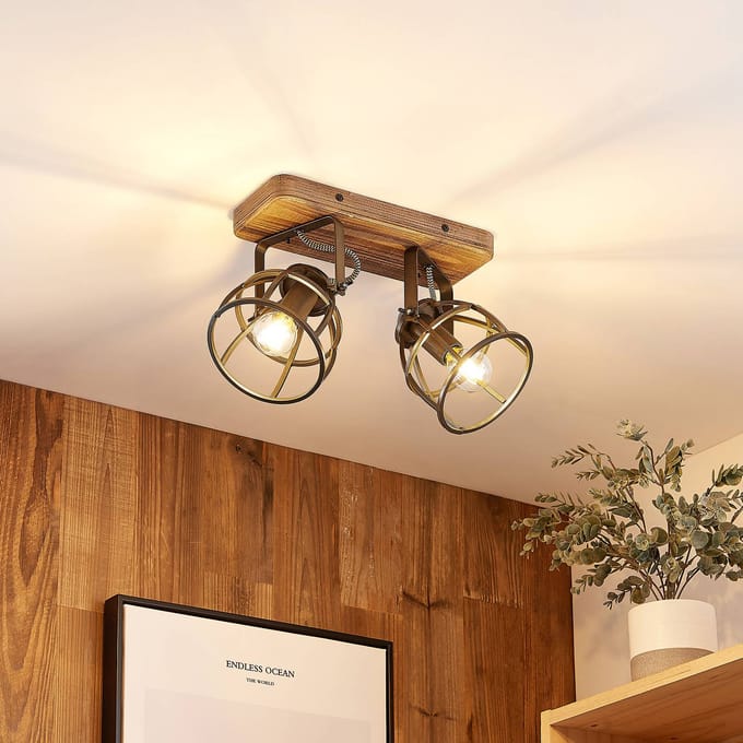 Lindby - plafondlamp hout - 2lichts - Metaal, hout - H: 20 cm - E14 - zwart, bruin