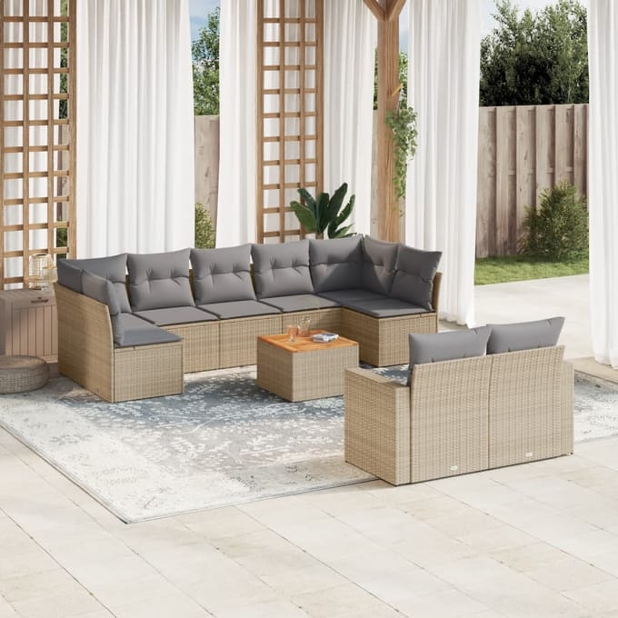 vidaXL - 10-delige - Loungeset - met - kussens - poly - rattan - beige