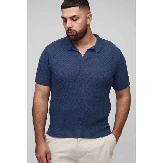Plus Regular Fit Micro Ruit Gehaakte Polo Shirt | Navy | Size 2XL