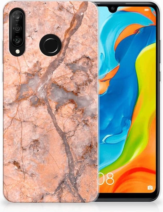 Huawei P30 Lite TPU Siliconen Hoesje Marmer Oranje