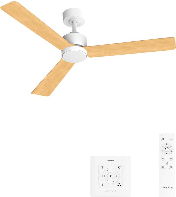 CREATE - Stille plafondventilator 40W met licht - Wit / Licht hout - Ø132cm - Controller voor wandmontage + afstandsbediening - WIND MODERN