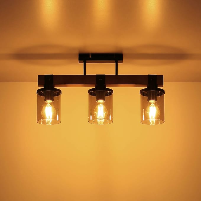 Globo Plafondlamp Lila met houten balk, 3-lamps