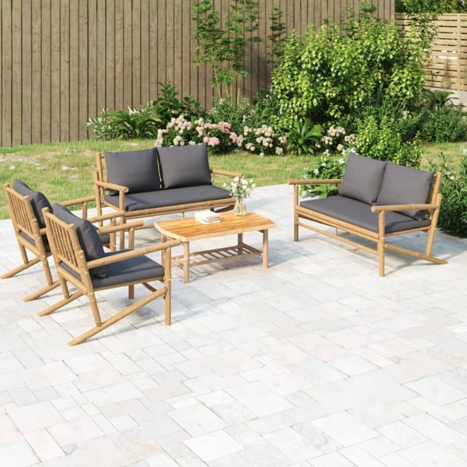 vidaXL - 5-delige - Loungeset - met - kussens - bamboe - donkergrijs