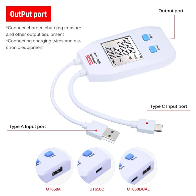 USB-vermogensmeter LCD USB-tester Detector Voltmeter Ampèremeter Digitale vermogenscapaciteitstester (UT658-Dubbel) Dual Port
