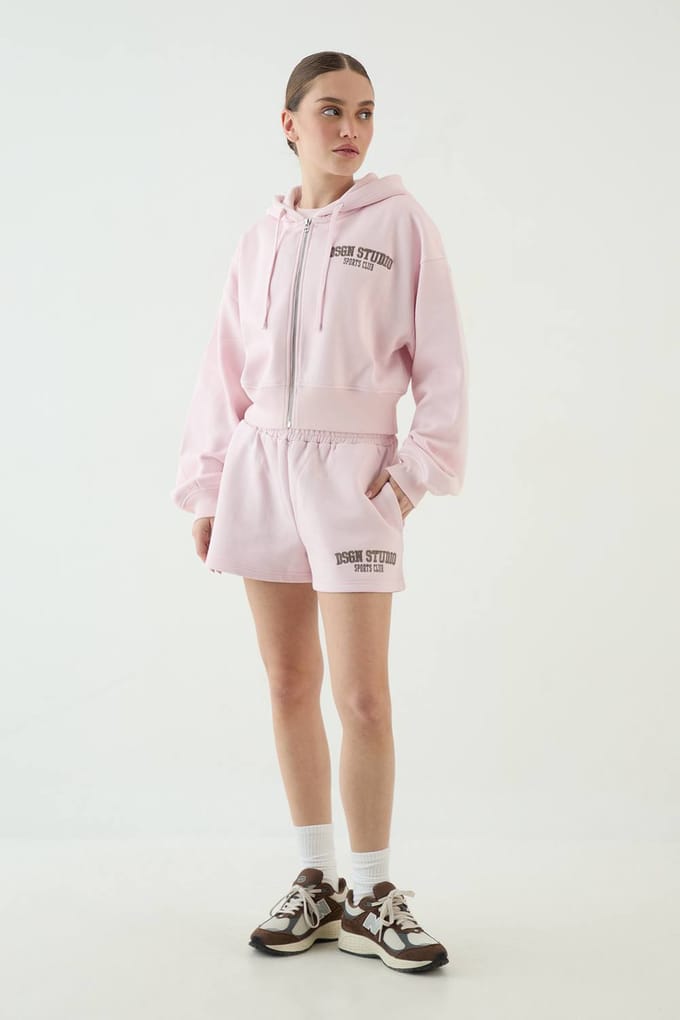 Dames Dsgn Studio Applique Boxy Crop Hoodie Met Rits | Lichtroze | Maat: 2XL