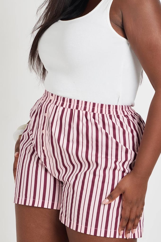 boohoo Dames Plus Gestreepte Poplin Henley Short | Roze | Maat: 44