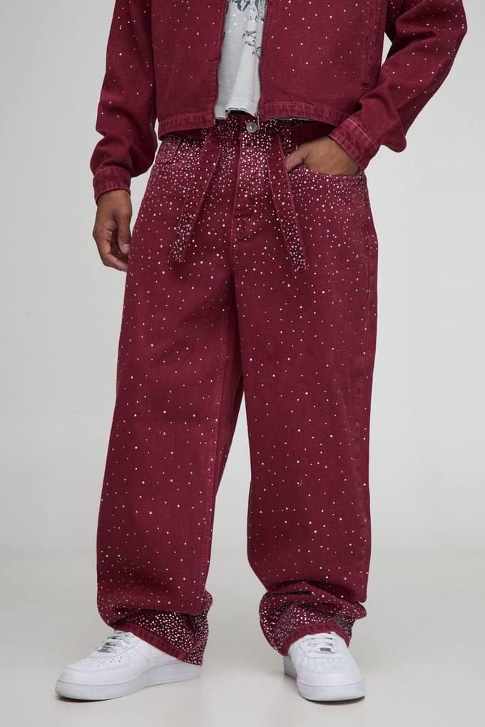 Relaxte pasvorm met ceintuur, strass versierd, rood gewassen jeans | Red | Size 32R