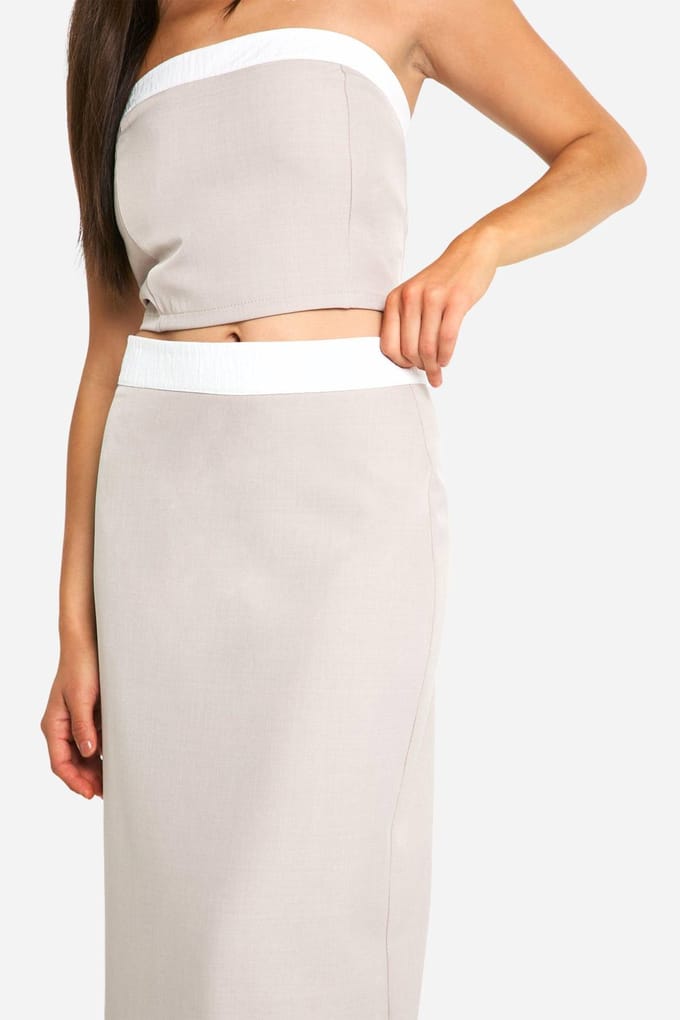 boohoo Dames Textured Linen Look Contrast Column Maxi Skirt | Taupe | Maat: 6