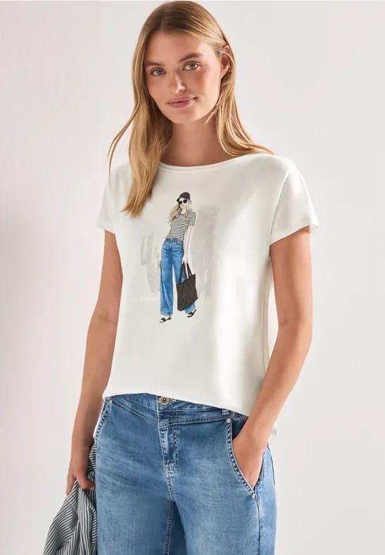 Shirt met hangende schouder en print vooraan