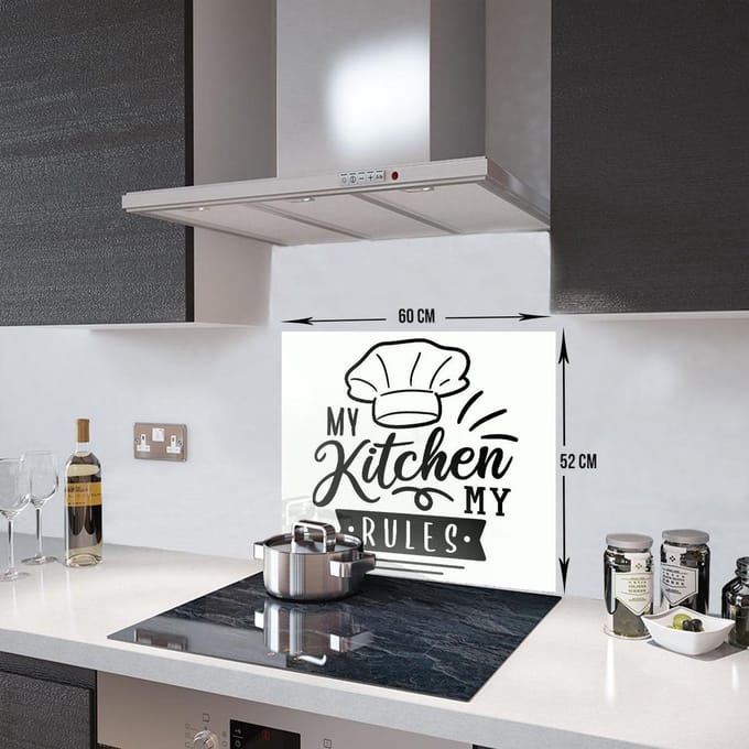 Wit My Kitchen My Rules Tempered Glas Spatbescherming Voor Achter de Kookplaat 52cm x 60cm
