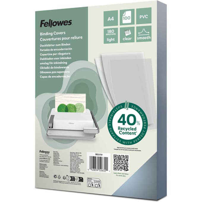 Fellowes dekblad pvc, transparant, A4, voor draad- en plasticinbindmachines, 180 µm, 100
