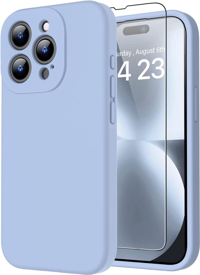 Solid hoesje Soft Touch Liquid Silicone + 1X Screenprotector Tempered Glass [Camera all-round bescherming] - Geschikt voor: iPhone 15 Pro - Lichtblauw
