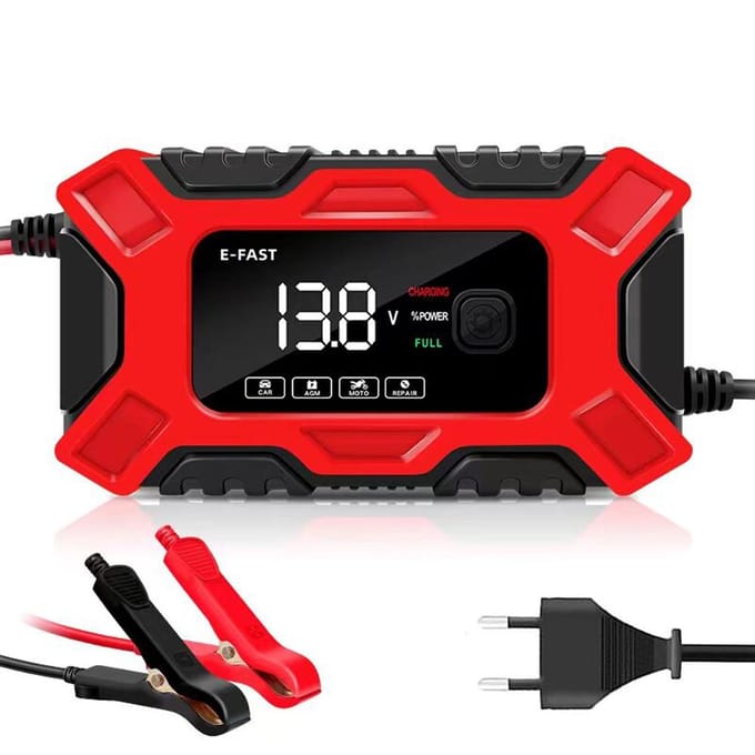 E-FAST Auto-acculaders 12V/6A Volautomatische acculaders Onderhoudsapparaat 3-traps draagbaar EU Plug rood